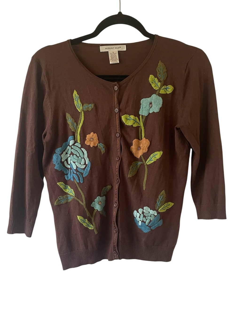August Silk brown floral embroidered 3/4 length sleeve cardigan sweater size S